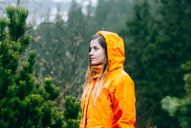 Girl on a hike in the rain