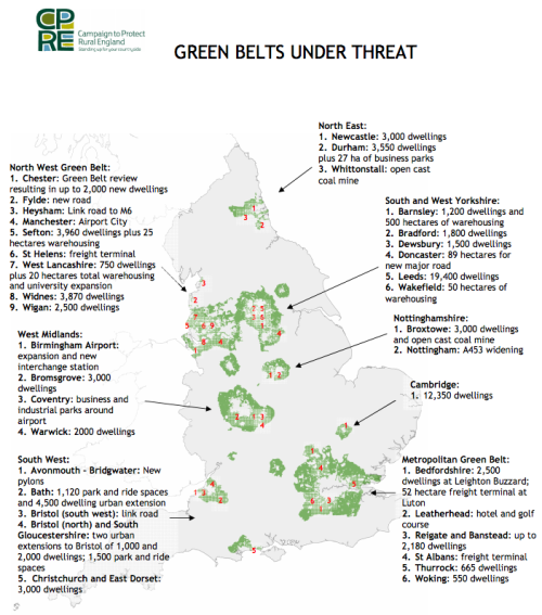 Places in the UK where the Green belt is being built on
