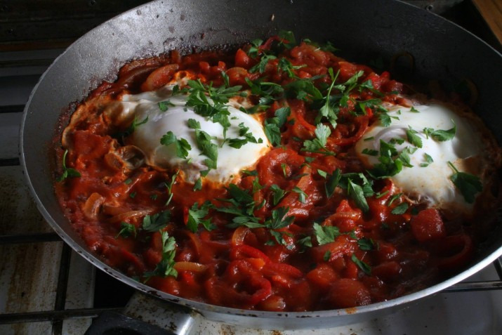 Shakshuka cooked on a campfire