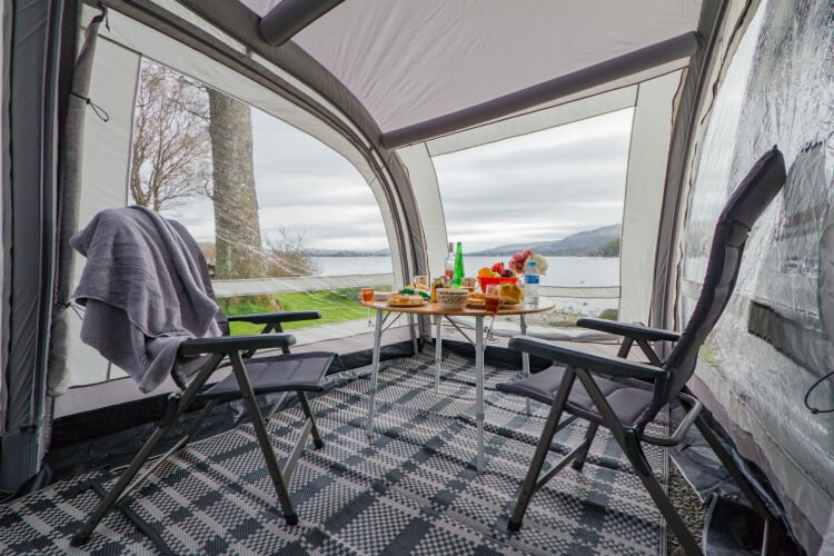 Inside Vango awning with camping table